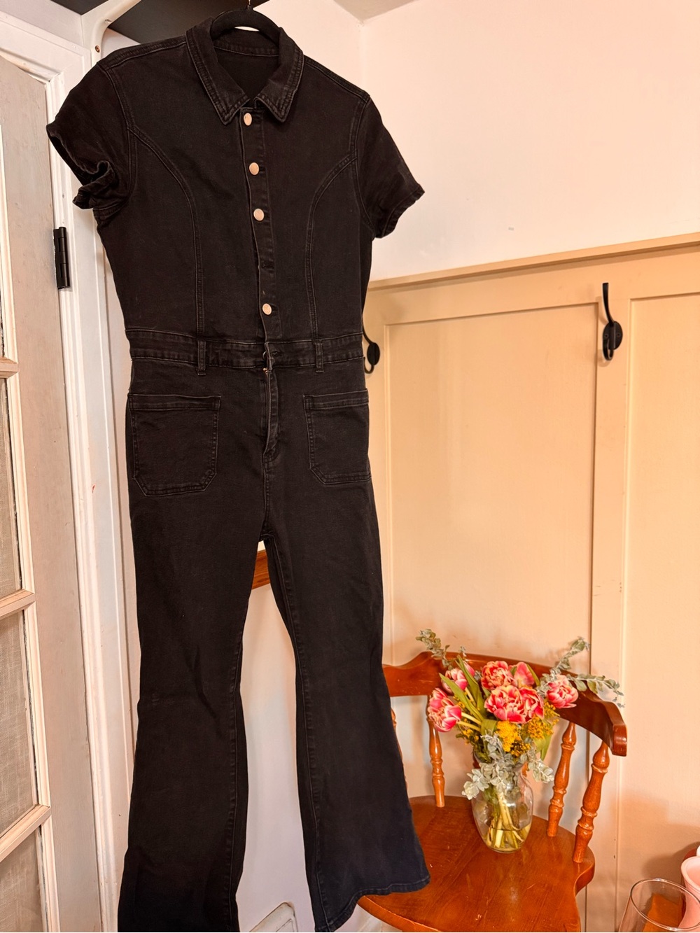 Black Short-Sleeve Denim Jumpsuit - Picture 8 of 8